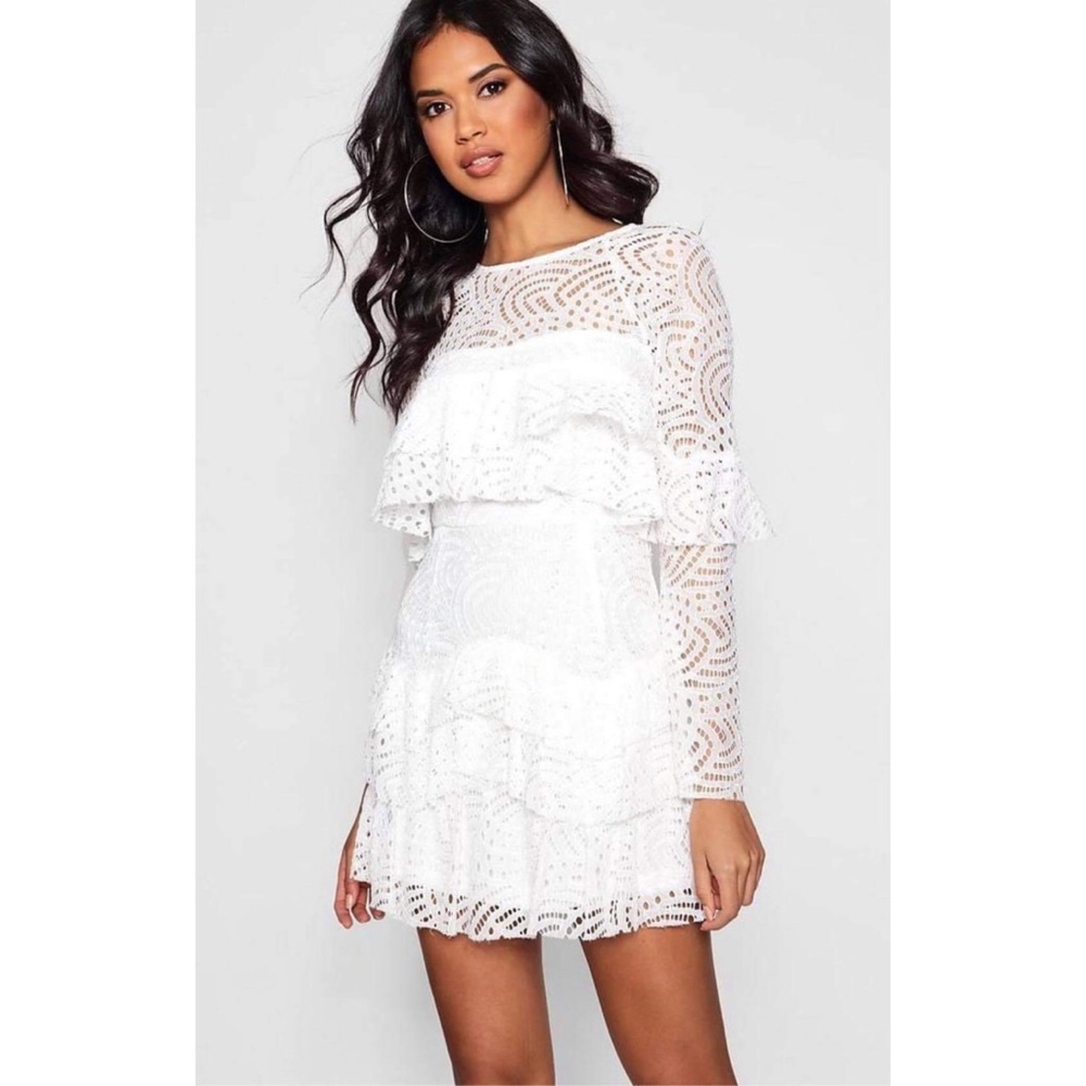 Boohoo White Lace Ruffle Skater Dress